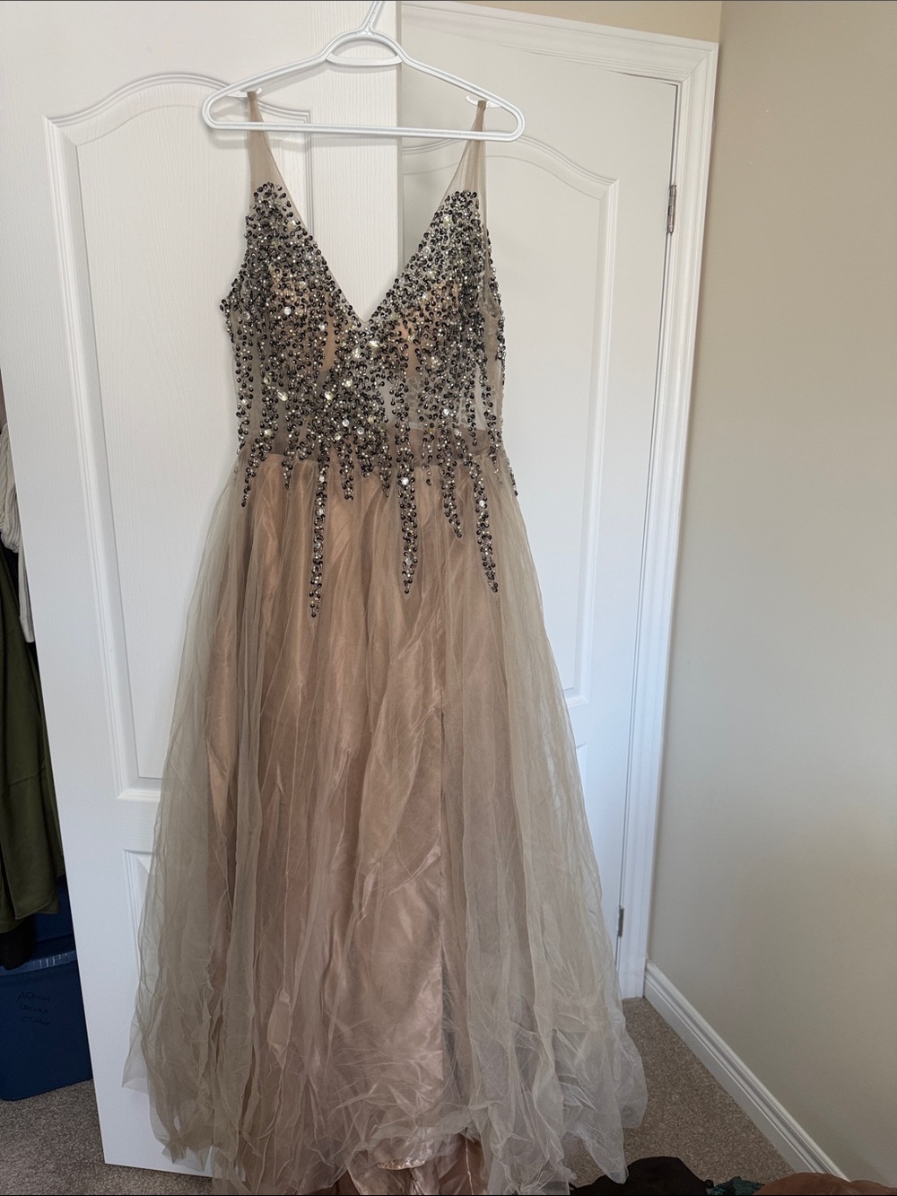 Beaded Tulle Party Dress in Champagne
